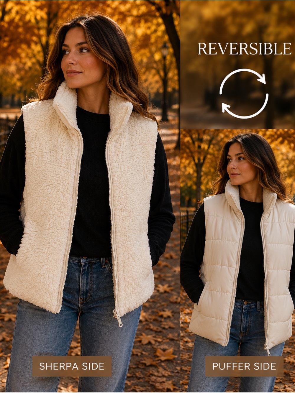 No Boundaries Reversible Sherpa & Puffer Vest in Cream